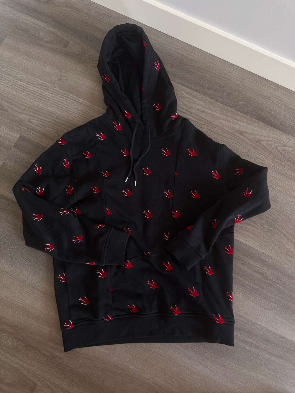 Men's Alexander McQueen MCQ Hoodie with Red Velvety Swallow Embroidery